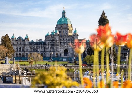 Legislative Assembly of British Columbia in the Capital City during a sunny day. Downtown Victoria, Vancouver Island, BC, Canada. Sunset