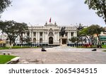 The Legislative Palace, the seat of the Congress of Peru with a statue of Simon Bolivar in Lima