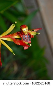 Lego Of Iron Man Hanging On Red And Yellow Leaves. Bandung, West Java Indonesia - November 29, 2019.