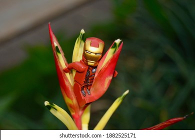 Lego Of Iron Man Hanging On Red And Yellow Leaves. Bandung, West Java Indonesia - November 29, 2019.