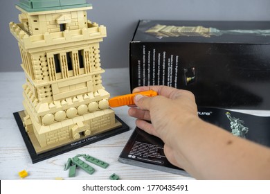 Lego Liberty Statue, Mini Copy Of Liberty Statue In Lego Architecture Addition. Adult Person Gathers The Lego, Hobby For Adults. Kiev - Ukraine, July 2020