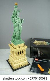 Lego Liberty Statue, Mini Copy Of Liberty Statue In Lego Architecture Addition. Adult Person Gathers The Lego, Hobby For Adults. Kiev - Ukraine, July 2020