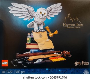 LEGO STORE, LONDON - SEPTEMBER 2021: The Harry Potter Hogwarts Icons Collectors Edition Lego Set On Display At The Lego Megastore In Leicester Square.