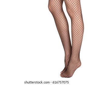 legs with black fishnet tights. Isolated over white backgroun