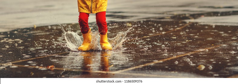 Legs Of Child   With Rubber Boots Jump In Puddle On An Autumn Walk
