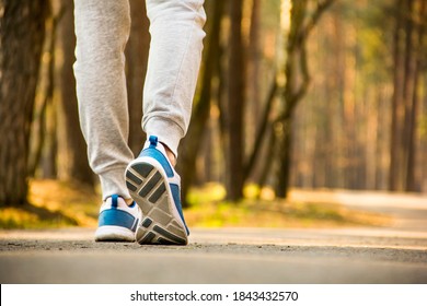 Legs close up on forest background. Walking girl. A sportive girl walks through the forest. Bottom view. Sport - Shutterstock ID 1843432570