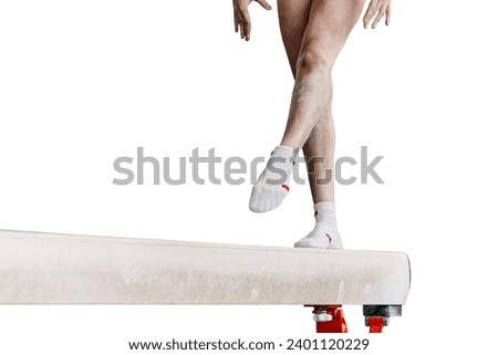 legs female gymnast step on balance beam in artistic gymnastics isolated on white background, sports summer games
