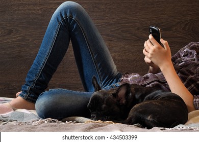 Legs, Human Hands, Teenager. Mobile Dog. Concept, Idea - The Convenience, Comfort Communication, Communication