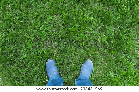 Similar – Person standing on a path with a green leaf nearby