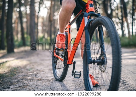 Legs of man in sneakers riding bicycle through pine forest