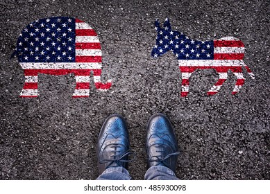 Legs on asphalt road with elephant and donkey, american election concept