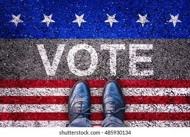 Legs on asphalt road with the word vote, american election concept