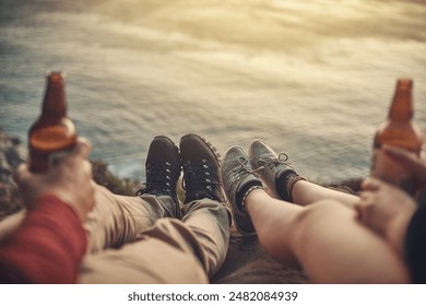 Legs, people and rest with beer, mountain and celebration for challenge, sport or activity. Hiking, happy couple and summit for exercise, adventure or outdoor with landscape, travel and nature in USA - Powered by Shutterstock