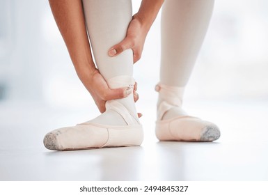 Legs, person and feet pain for ballet, performance and training in studio with accident, bruise or hurt. Ankle, dancer and foot injury for dance, workout and exercise in hall with muscle inflammation - Powered by Shutterstock