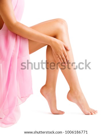 Legs Skin, Woman Touching Smooth Hairless Leg, Beauty Body Care and Hair Removal Concept, Isolated on White Background
