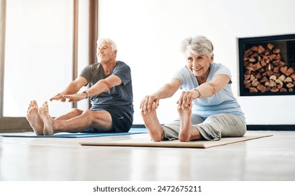 Legs, stretching and senior couple with yoga, exercise and pilates for flexibility in home. Floor, mat and elderly people in retirement with energy balance, fitness or wellness with healthy lifestyle - Powered by Shutterstock