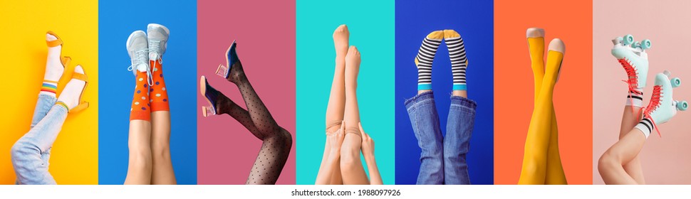 Legs of stylish young women on color background - Shutterstock ID 1988097926