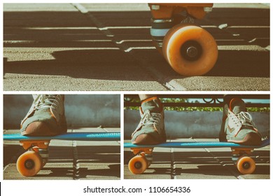 Legs In Vintage Sneakers Stand On A Skateboard. A Skateboarder Is Resting On A Bench In The Park, A Vintage Artistic Toning. Collage.