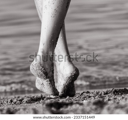 Legs of woman (or gilr) walking near the sea. Sandy feets. Artistic photo in black and white