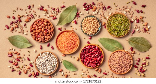 Legumes assortment, overhead panoramic shot on a brown background. Lentils, soybeans, chickpeas, red kidney beans, black-eyed peas, a vatiety of pulses - Shutterstock ID 1721873122