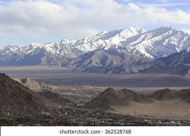 Leh City View with Stok Kangri Peak in Ladakh Range seeing from Santi Stupa Leh City in North India