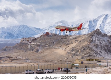 LEH - FEBRUARY 16,2014 : Air India Plane Profress Landing Passing Monastery In Ladakh On February 16, 2014 At Leh, India