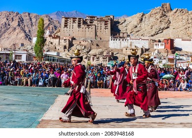 LEH, INDIA - SEPTEMBER 26, 2013: Unidentified people dancing in traditional ethnic clothes at Ladakh Festival in Leh city in India