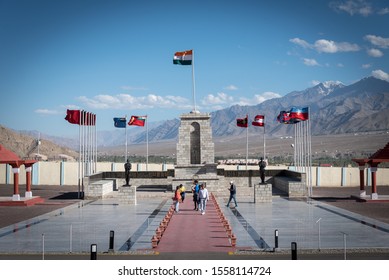 Leh, Kashmir, India - September 20 2019: Tourists at the beautiful and spectacular high altitude war memorial in Leh on bright summer day 