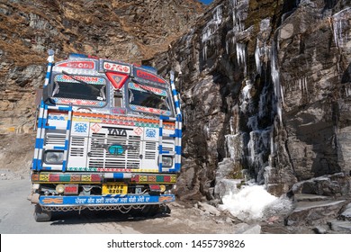 Leh/India-24.10.2018:The Indian Truck And Frozen Stream