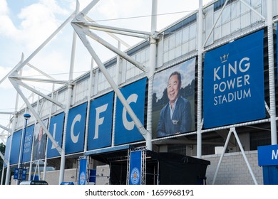 Leicester, England - 12 November 2019: The Entrance And Foxes Fanstore With The Photo Of  Mr.Vichai Srivaddhanaprabha At The King Power Stadium Leicester City, UK.