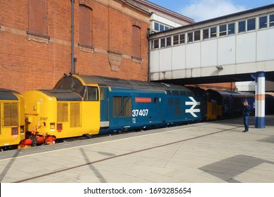 LEICESTER, ENGLAND - SEPTEMBER 20, 2019: A British Rail Class 37 Locomotive At The Railway Station In Leicester, England