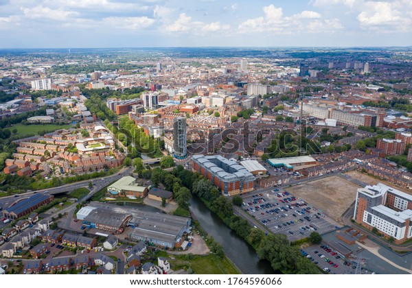 Leicester UK, 26th June 2020: Aerial photo of the
city centre of Leicester in the UK showing houses and apartment
building on a sunny summers
day
