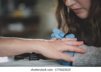 Leicester, UK. July 13 2020. Close Up Of Woman Getting Her Nails Done At A Nail Bar After Their Re-opening Following COVID-19 Lockdown Getting Over In The UK.