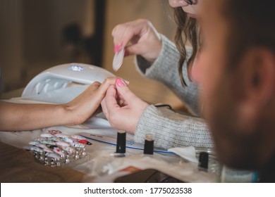 Leicester, UK. July 13 2020. Close Up Of Woman Getting Her Nails Done At A Nail Bar After Their Re-opening Following COVID-19 Lockdown Getting Over In The UK.