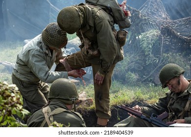 Leicester, United Kingdom, 05, September 2015 Ww2 Re Enactment, Young Male American Soldiers During Trench Warfare Ww2 1940's Concept