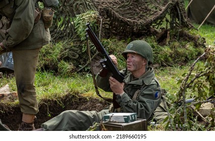 Leicester, United Kingdom, 05, September 2015 Ww2 Re Enactment, Young Male American Soldiers During Trench Warfare Ww2 1940's Concept