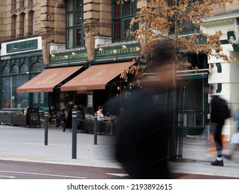 Leicester, United Kingdom- August 24, 2022: People Dining Outside Of A Restaurant. 