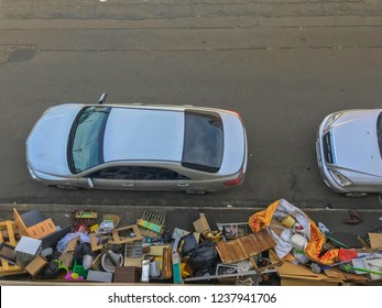 Leichhardt, Sydney,  Australia - November23, 2018: Top View  Garbage On The Footpath At Side Road In Big City, Pollution Trash.