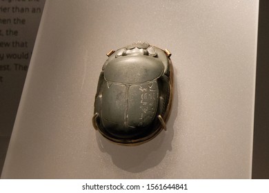 Leiden, The Netherlands JAN 26, 2019: An Old Scarab Amulet From Ancient Egypt.