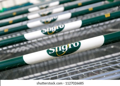 LEIDEN, THE NETHERLANDS - June 26, 2018: Sligro Shopping Carts. Sligro Has A Network Of 50 Cash & Carry Outlets And 8 Delivery Service Outlets.