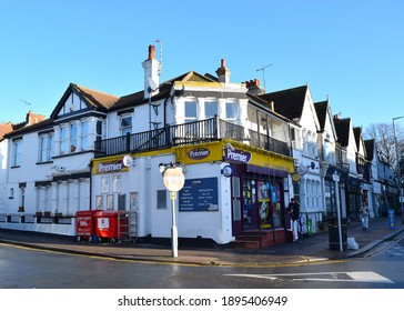 Leigh On Sea UK, December 2020: Premier Corner Shop On A Sunny Day.