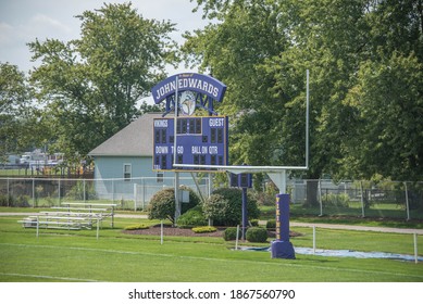 Leipsic, OH, September 8th, 2020, Leipsic High School John Edwards Football Field Goal Post And Scoreboard, Home Of The Vikings