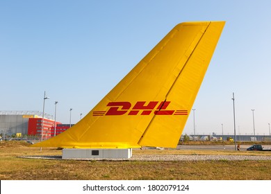 Leipzig, Germany - August 19, 2020: DHL Hub at Leipzig Halle LEJ Airport airplane aircraft tail in Germany.