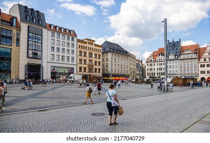 Leipzig, Germany - June 25, 2022: The „Marktplatz“ Ist The Center Of The Inner City Of Leipzig And Still Used As A Market. The Market Square With The Cobblestones. People Walk By Over The Paved Square