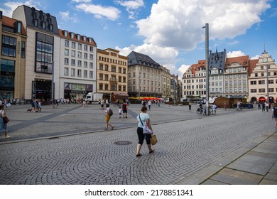 Leipzig, Germany - June 25, 2022: The „Marktplatz“ Ist The Center Of The Inner City Of Leipzig And Still Used As A Market. The Market Square With The Cobblestones. People Walk By Over The Paved Square