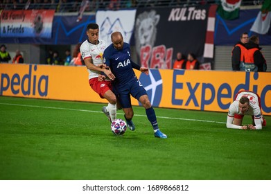 LEIPZIG, GERMANY - MARCH 10, 2020: Tyler Adams Player Of Red Bull Leipzig Vs Lucas Moura Player Of Tottenham 