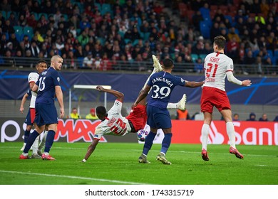 Leipzig, Germany - March 20, 2020: Kick Nordi Mukiele, Patrick Schick Vs Japhet Tanganga During The Match Leipzig Vs Tottenham At Leipzig Arena 