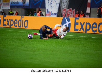 Leipzig, Germany - March 20, 2020: Lukas Klostermann Vs Lucas Moura During The Match Leipzig Vs Tottenham At Leipzig Arena 