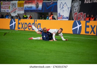 Leipzig, Germany - March 20, 2020: Lukas Klostermann Vs Lucas Moura During The Match Leipzig Vs Tottenham At Leipzig Arena 