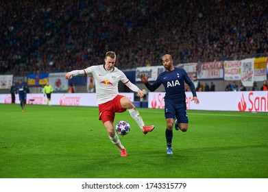 Leipzig, Germany - March 20, 2020: Lukas Klostermann Vs Lucas Moura During The Match Leipzig Vs Tottenham At Leipzig Arena 